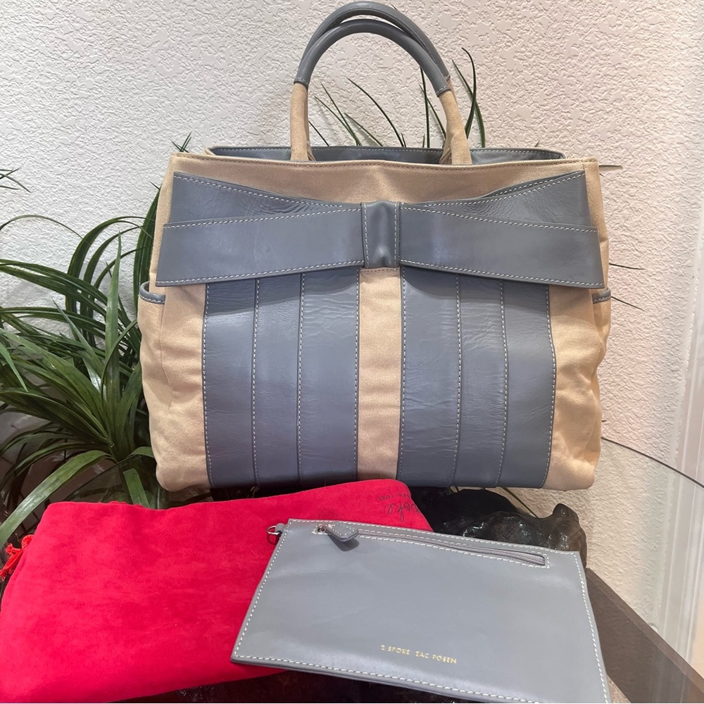 💋💋RARE💋💋 Zac Posen Leather And Canvas Tote Bag - Picture 2 of 16